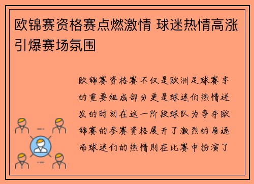 欧锦赛资格赛点燃激情 球迷热情高涨引爆赛场氛围