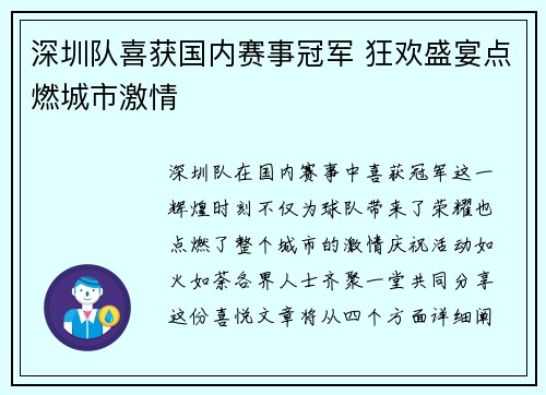 深圳队喜获国内赛事冠军 狂欢盛宴点燃城市激情