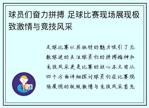 球员们奋力拼搏 足球比赛现场展现极致激情与竞技风采