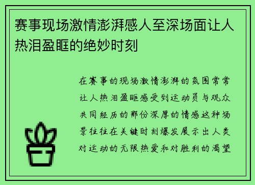 赛事现场激情澎湃感人至深场面让人热泪盈眶的绝妙时刻